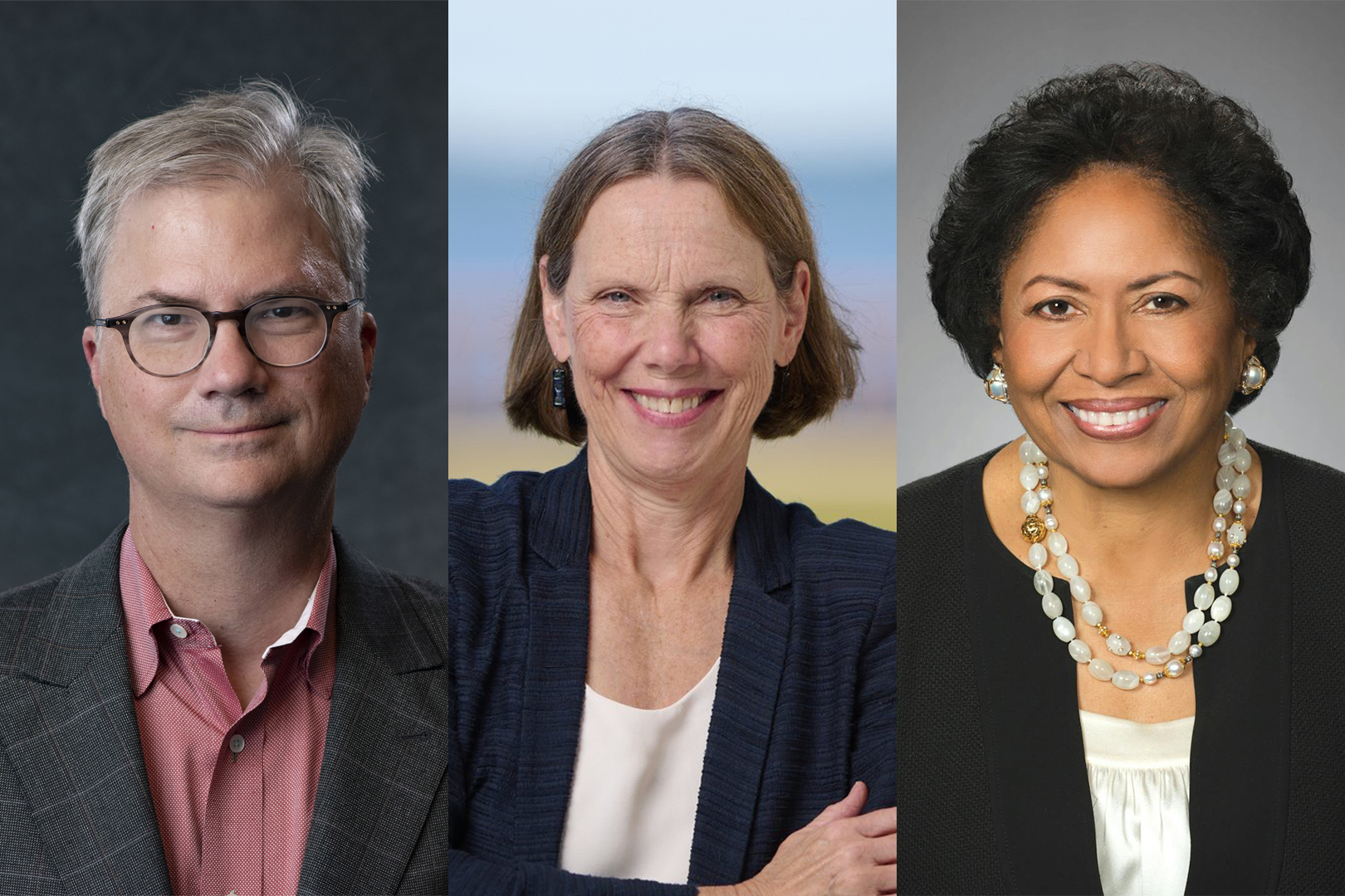 Headshots of Holden Thorp, Patricia Okker, and Ruth Simmons