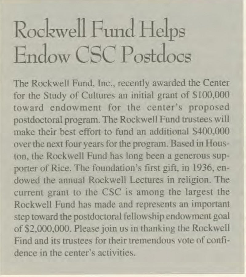 Rockwell Fund, Inc. awarded the Center an initial grant
