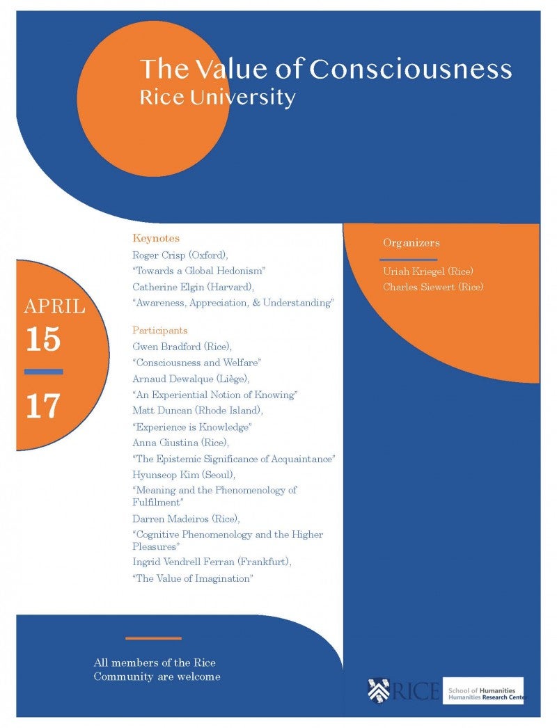 *postponed* new date TBD - HRC 2019-20 Rice Seminar: The Value of Consciousness