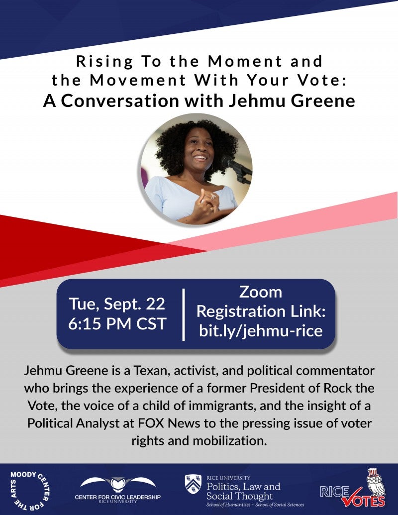 Poster with picture of Jehmu Greene