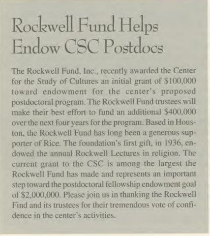 Rockwell Fund, Inc. awarded the Center an initial grant 